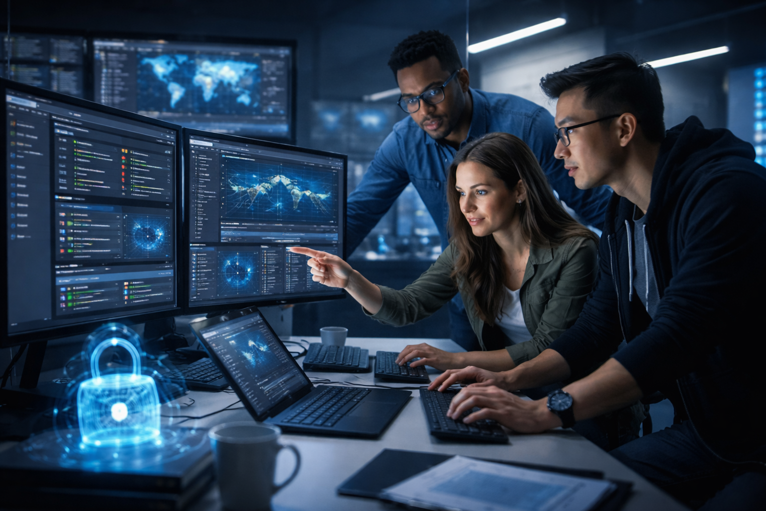 Technology delivery team coordinating cybersecurity and operations work across multiple monitoring screens